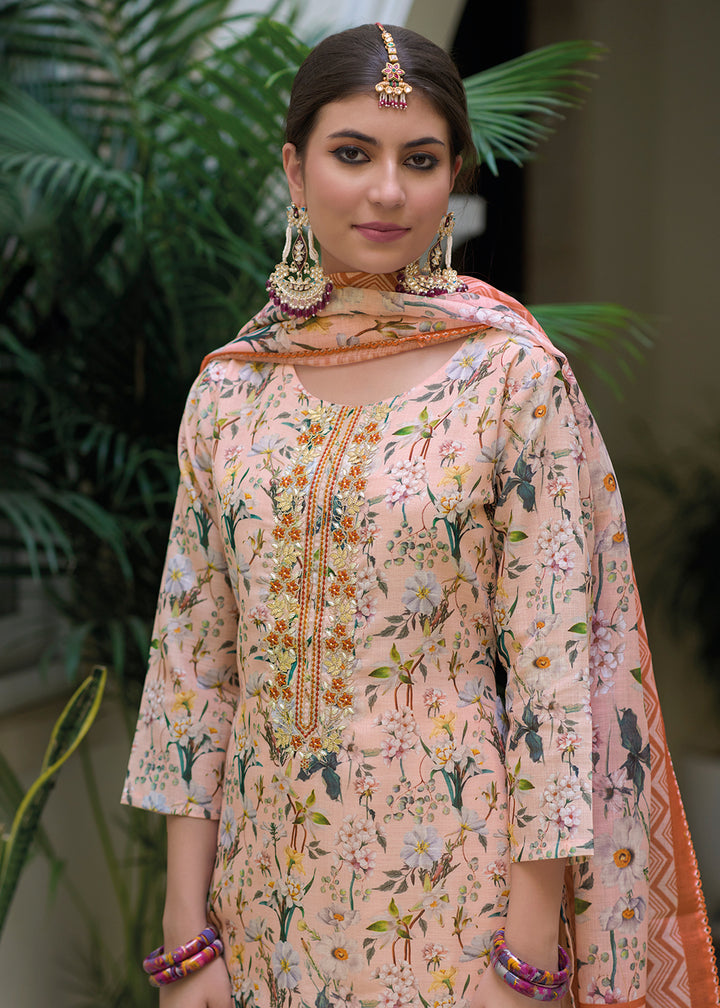 Buy Now Gota Patti Embroidered Peach Lilen Ethnic Salwar Suit Online in USA, UK, Canada, Germany, Australia & Worldwide at Empress Clothing.