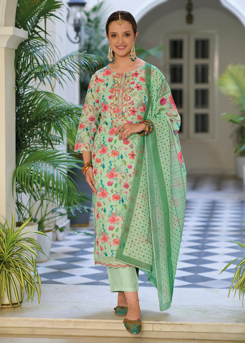 Buy Now Gota Patti Embroidered Green Lilen Ethnic Salwar Suit Online in USA, UK, Canada, Germany, Australia & Worldwide at Empress Clothing.