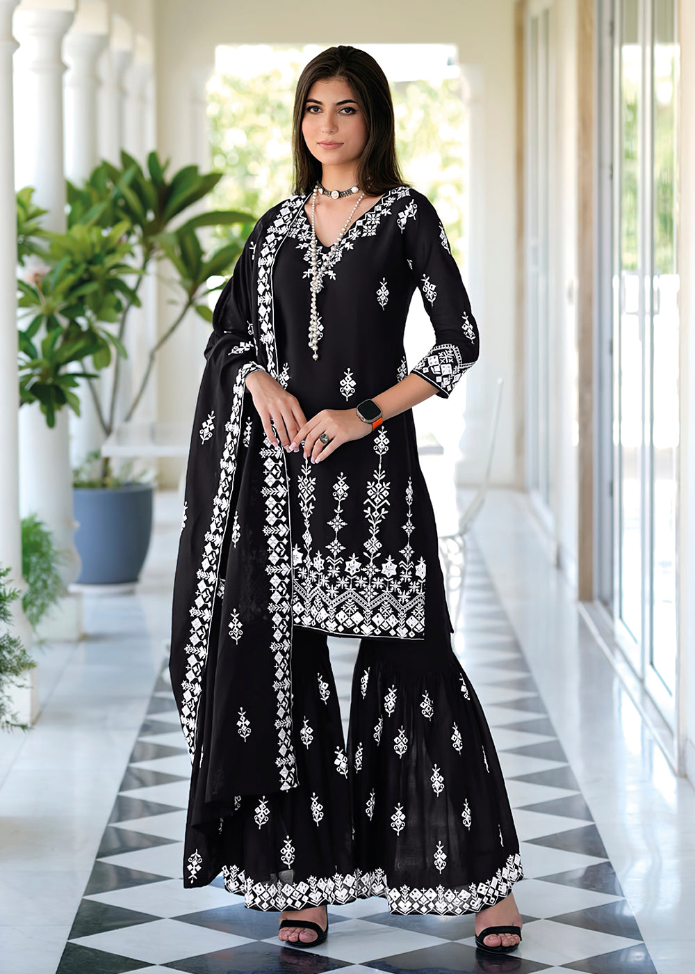 Shop Now Appealing Black Mal Mal Embroidered Festive Sharara Suit Online at Empress Clothing in USA, UK, Canada, Italy & Worldwide. 