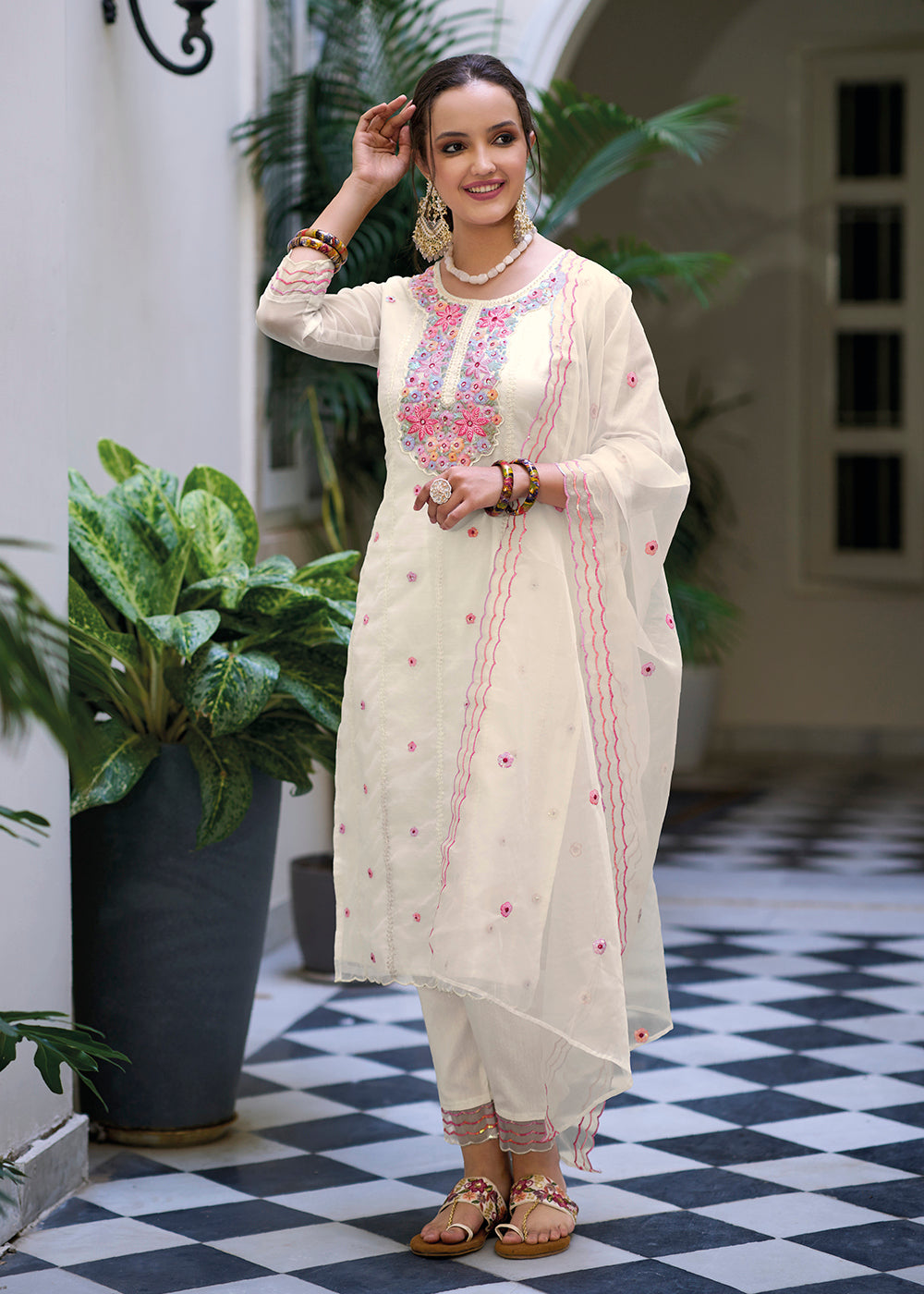 Buy Now Off White Color Embroidered Organza Pant Style Salwar Suit Online in USA, UK, Canada, Germany, Australia & Worldwide at Empress Clothing.