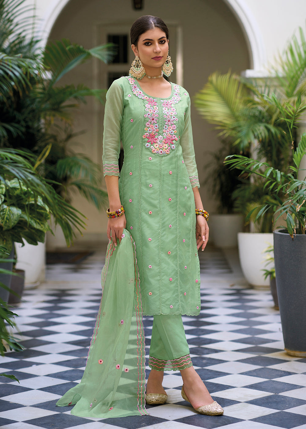 Buy Now Green Color Embroidered Organza Pant Style Salwar Suit Online in USA, UK, Canada, Germany, Australia & Worldwide at Empress Clothing. 