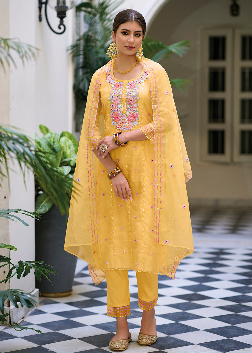 Buy Now Yellow Color Embroidered Organza Pant Style Salwar Suit Online in USA, UK, Canada, Germany, Australia & Worldwide at Empress Clothing.