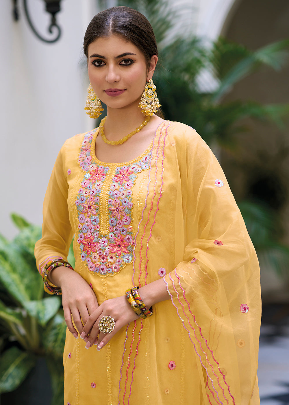Buy Now Yellow Color Embroidered Organza Pant Style Salwar Suit Online in USA, UK, Canada, Germany, Australia & Worldwide at Empress Clothing.