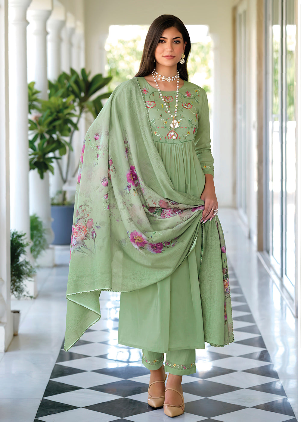 Buy Now Graceful Green Mal Mal Cotton Salwar Suit Online in USA, UK, Canada, Germany, Australia & Worldwide at Empress Clothing.