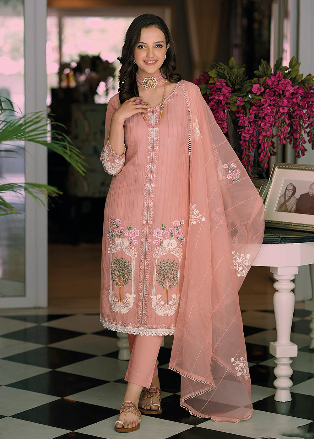 Buy Now Peach Organza Fancy Khatli Work Pakistani Style Salwar Suit Online in USA, UK, Canada, Germany, Australia & Worldwide at Empress Clothing.