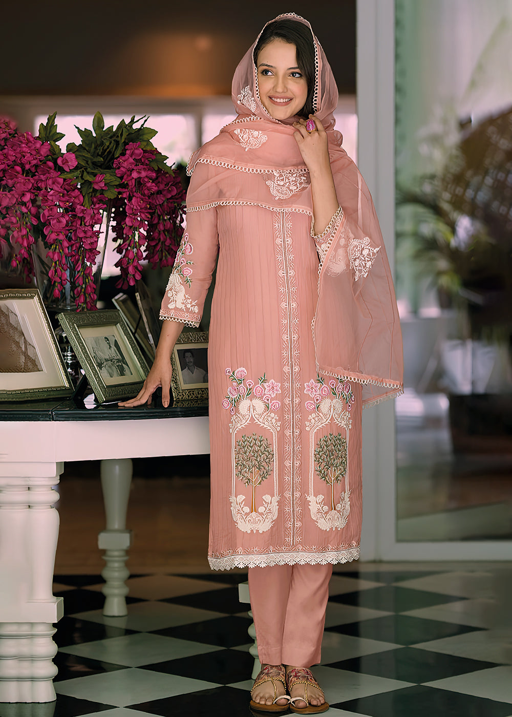 Buy Now Peach Organza Fancy Khatli Work Pakistani Style Salwar Suit Online in USA, UK, Canada, Germany, Australia & Worldwide at Empress Clothing.