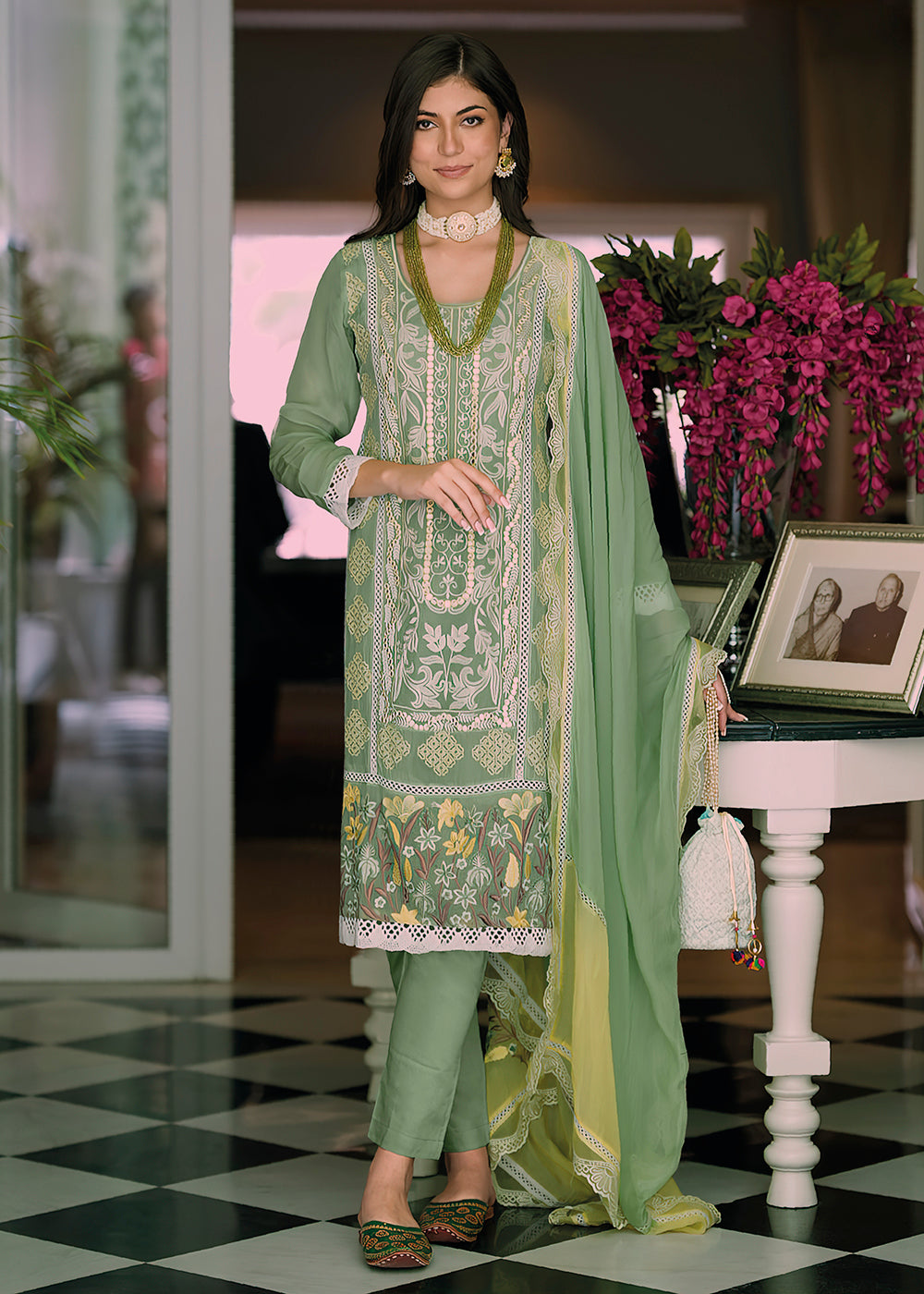 Buy Now Green Organza Fancy Khatli Work Pakistani Style Salwar Suit Online in USA, UK, Canada, Germany, Australia & Worldwide at Empress Clothing.