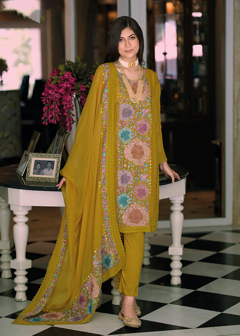 Buy Now Mustard Organza Fancy Khatli Work Pakistani Style Salwar Suit Online in USA, UK, Canada, Germany, Australia & Worldwide at Empress Clothing.