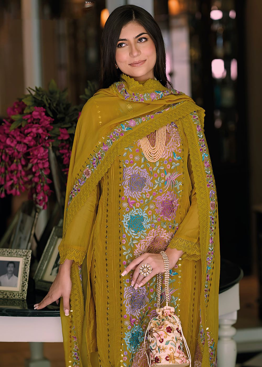Buy Now Mustard Organza Fancy Khatli Work Pakistani Style Salwar Suit Online in USA, UK, Canada, Germany, Australia & Worldwide at Empress Clothing.