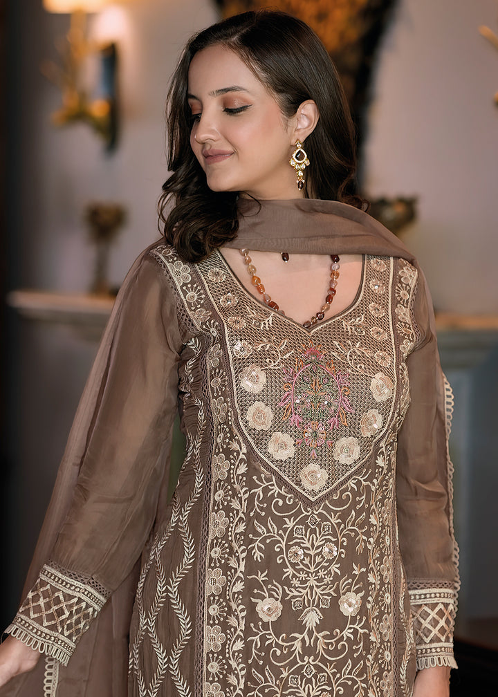 Buy Now Brown Organza Fancy Khatli Work Pakistani Style Salwar Suit Online in USA, UK, Canada, Germany, Australia & Worldwide at Empress Clothing.