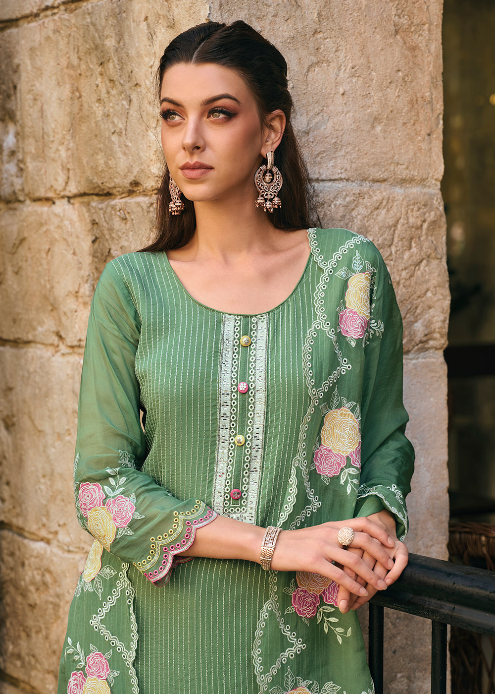 Buy Now Green Organza Fancy Khatli Embroidered Pant Style Salwar Suit Online in USA, UK, Canada, Germany, Australia & Worldwide at Empress Clothing. 
