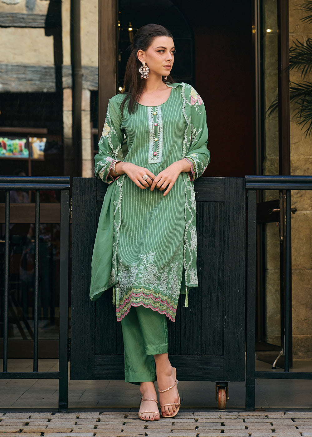 Buy Now Green Organza Fancy Khatli Embroidered Pant Style Salwar Suit Online in USA, UK, Canada, Germany, Australia & Worldwide at Empress Clothing. 