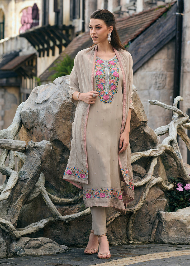 Buy Now Beige Organza Fancy Khatli Embroidered Pant Style Salwar Suit Online in USA, UK, Canada, Germany, Australia & Worldwide at Empress Clothing. 