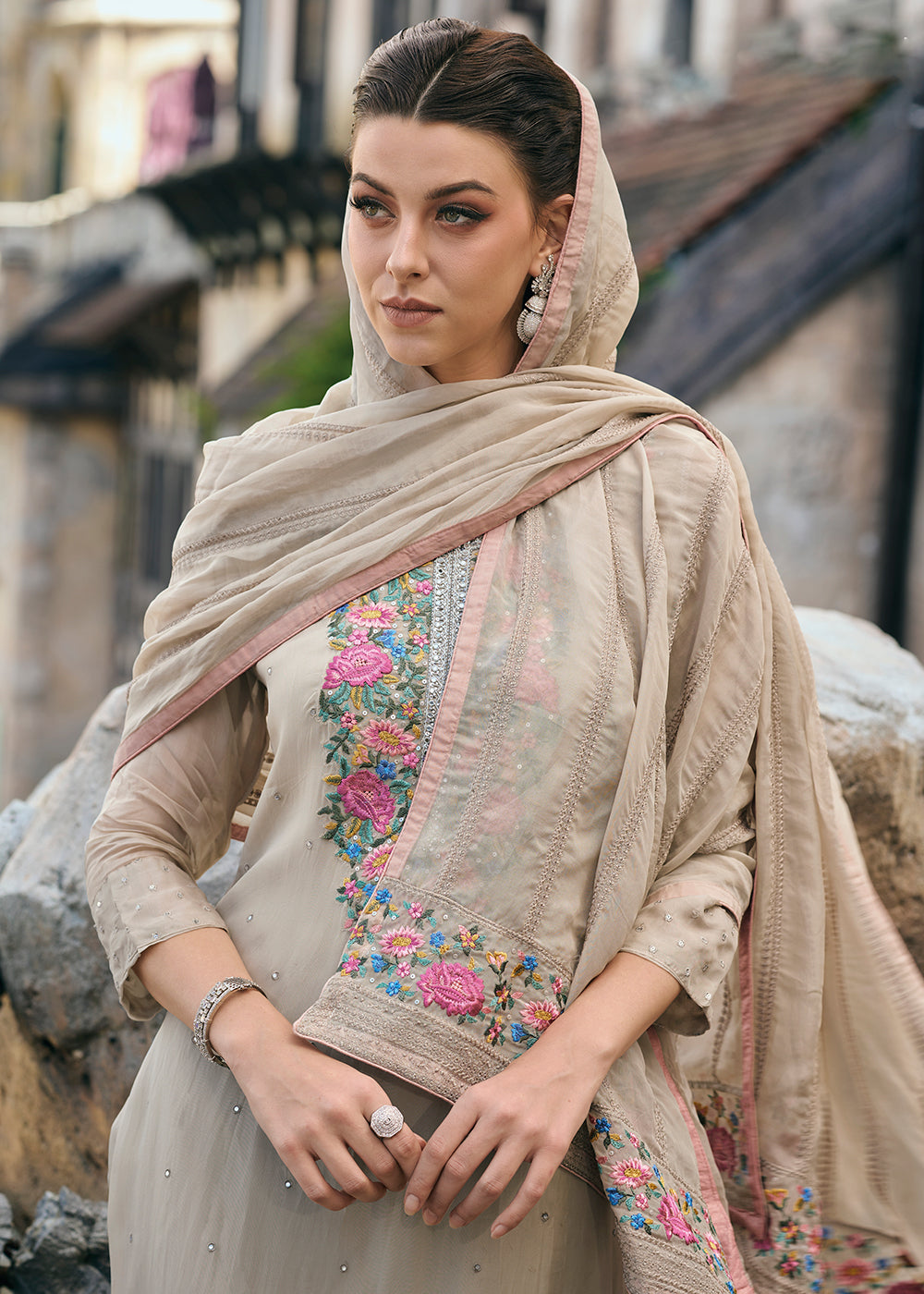 Buy Now Beige Organza Fancy Khatli Embroidered Pant Style Salwar Suit Online in USA, UK, Canada, Germany, Australia & Worldwide at Empress Clothing. 