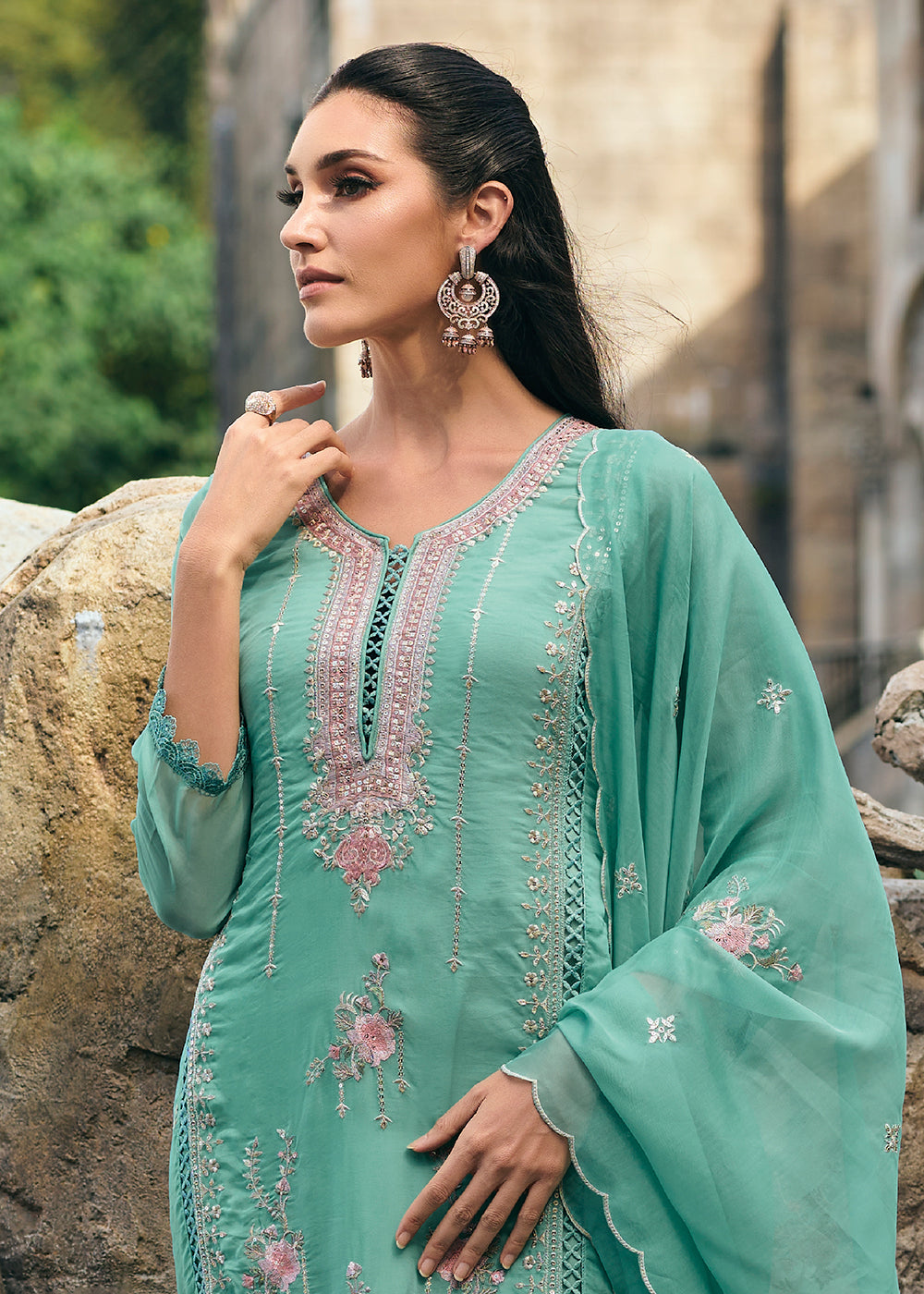 Buy Now Sea Green Organza Fancy Khatli Embroidered Pant Style Salwar Suit Online in USA, UK, Canada, Germany, Australia & Worldwide at Empress Clothing.