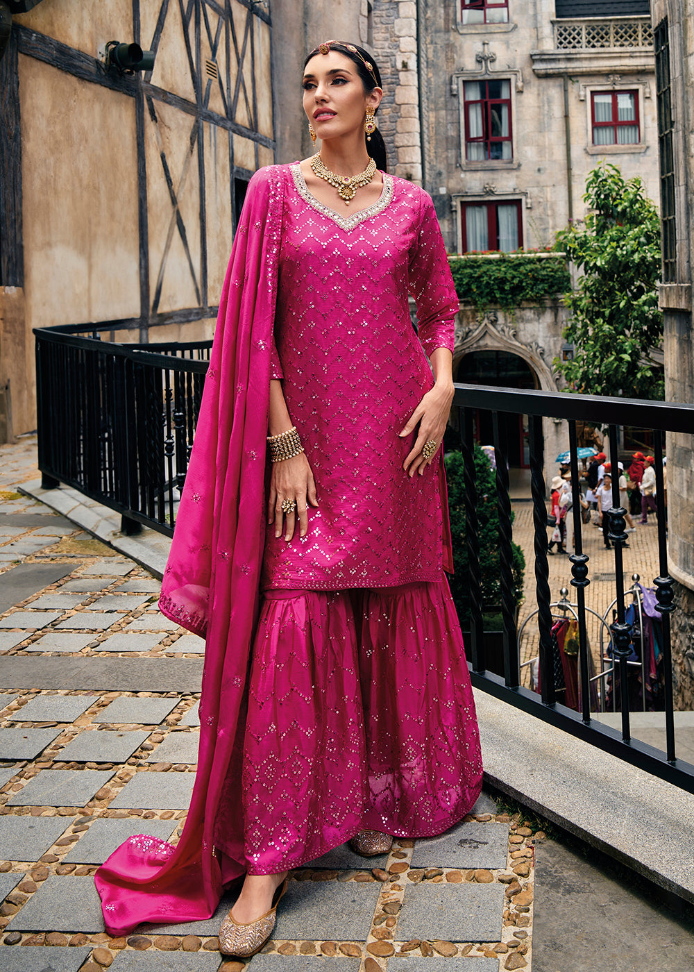 Buy Now Majestic Pink Heavy Chinnon Khatli Embroidered Palazzo Suit Online in USA, UK, Canada, Germany, Australia & Worldwide at Empress Clothing.