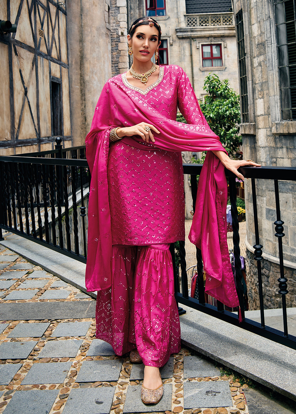 Buy Now Majestic Pink Heavy Chinnon Khatli Embroidered Palazzo Suit Online in USA, UK, Canada, Germany, Australia & Worldwide at Empress Clothing.
