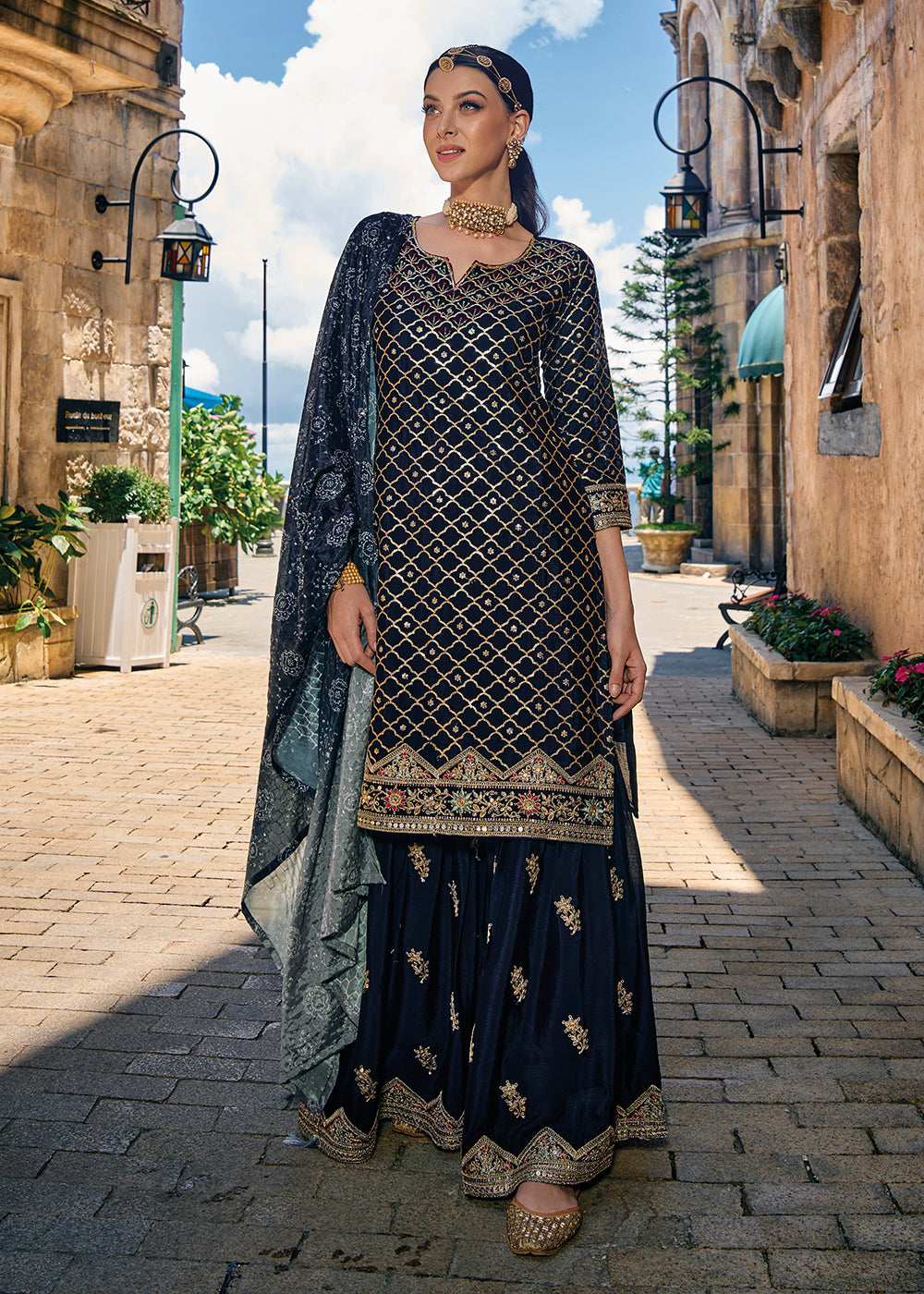 Buy Now Majestic Blue Heavy Chinnon Khatli Embroidered Palazzo Suit Online in USA, UK, Canada, Germany, Australia & Worldwide at Empress Clothing.