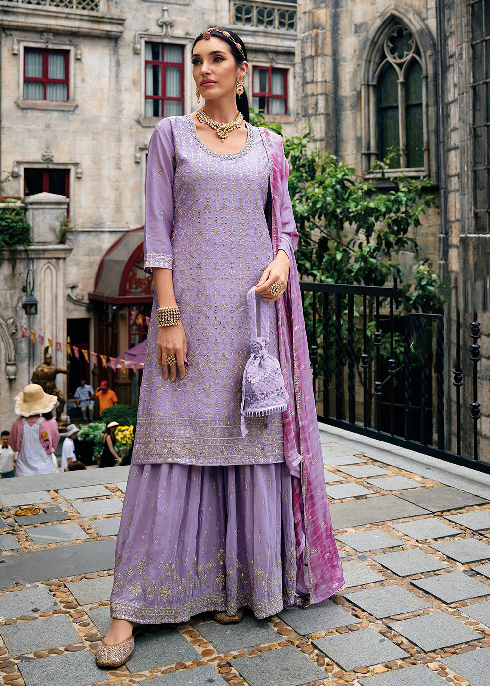 Buy Now Majestic Lavender Heavy Chinnon Khatli Embroidered Palazzo Suit Online in USA, UK, Canada, Germany, Australia & Worldwide at Empress Clothing. 