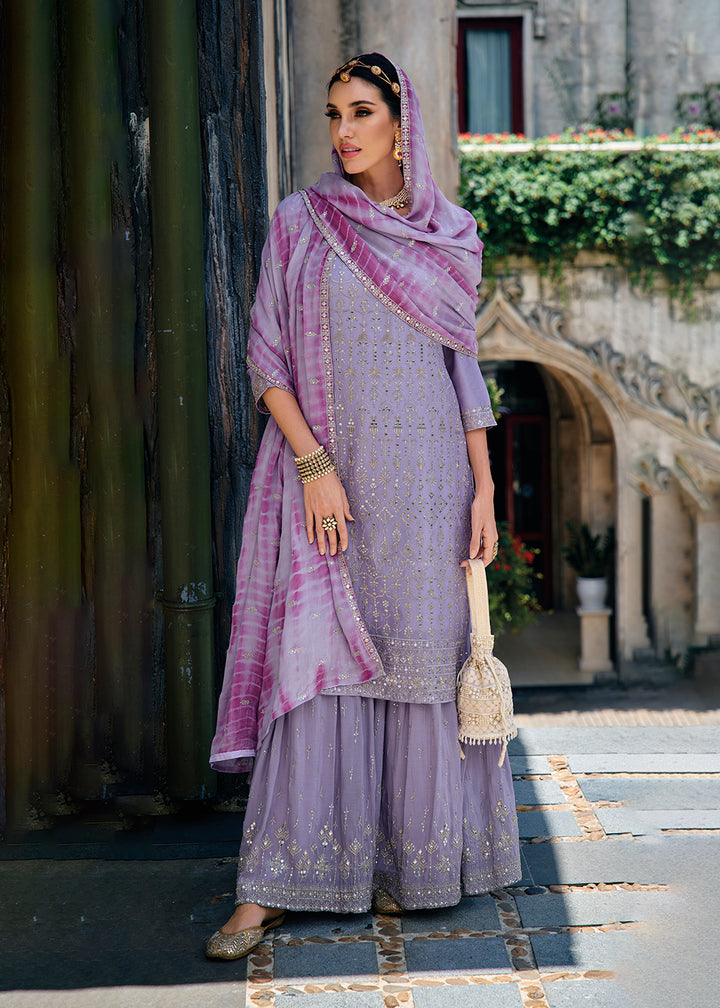 Buy Now Majestic Lavender Heavy Chinnon Khatli Embroidered Palazzo Suit Online in USA, UK, Canada, Germany, Australia & Worldwide at Empress Clothing. 
