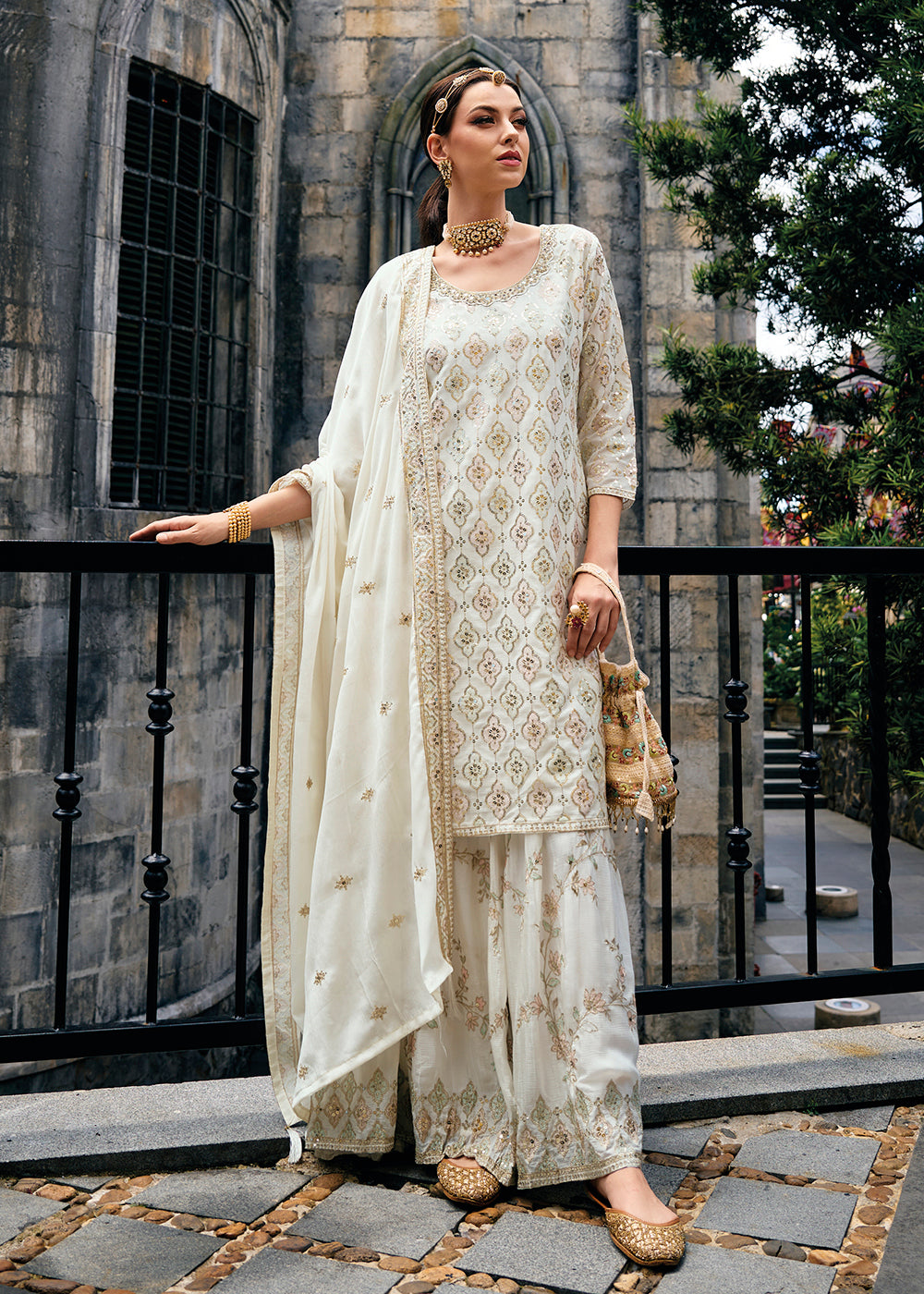 Buy Now Majestic Off White Heavy Chinnon Khatli Embroidered Palazzo Suit Online in USA, UK, Canada, Germany, Australia & Worldwide at Empress Clothing.