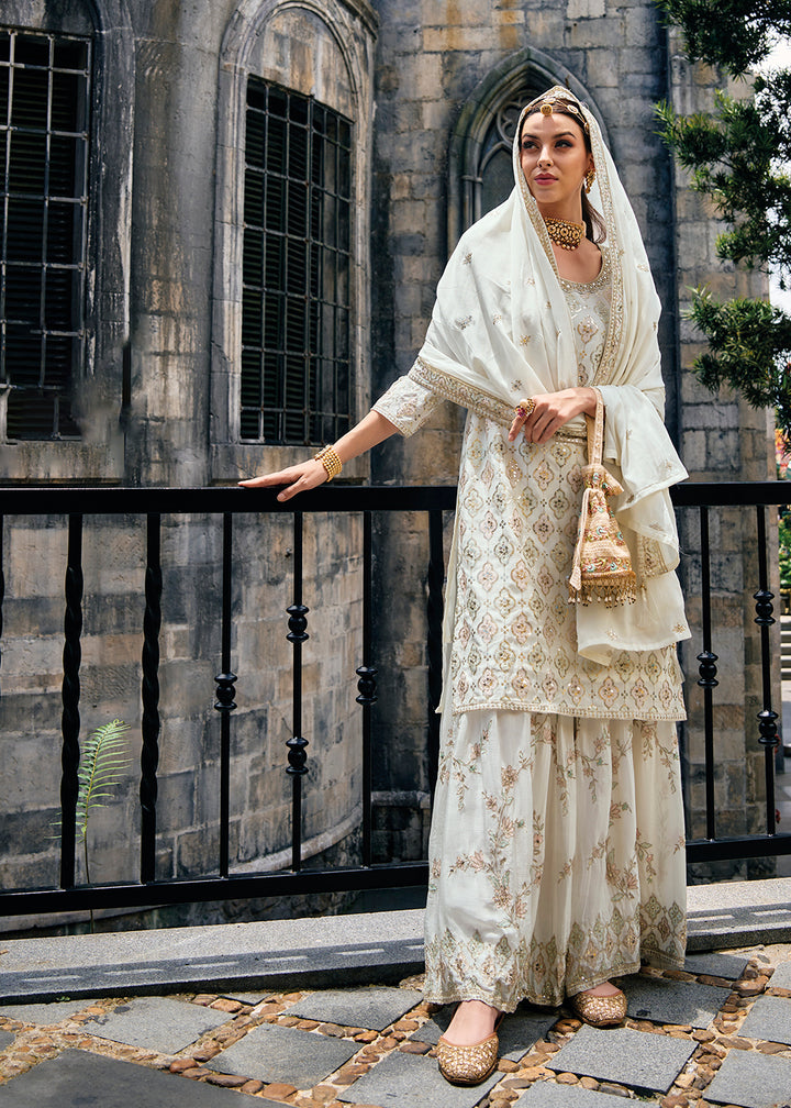 Buy Now Majestic Off White Heavy Chinnon Khatli Embroidered Palazzo Suit Online in USA, UK, Canada, Germany, Australia & Worldwide at Empress Clothing.