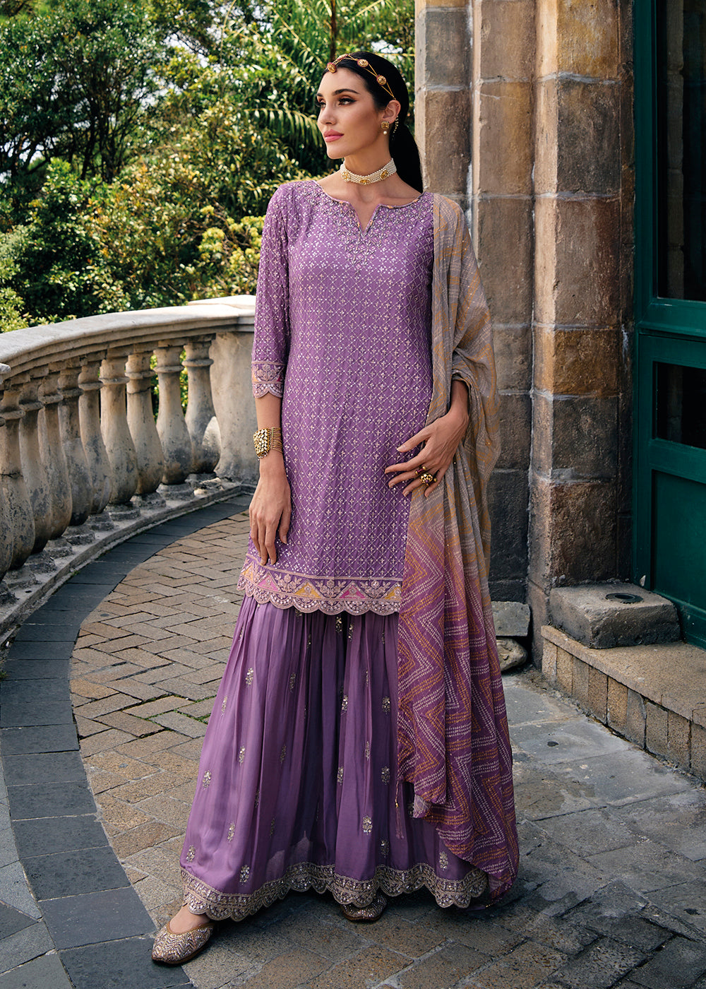 Buy Now Majestic Purple Heavy Chinnon Khatli Embroidered Palazzo Suit Online in USA, UK, Canada, Germany, Australia & Worldwide at Empress Clothing. 