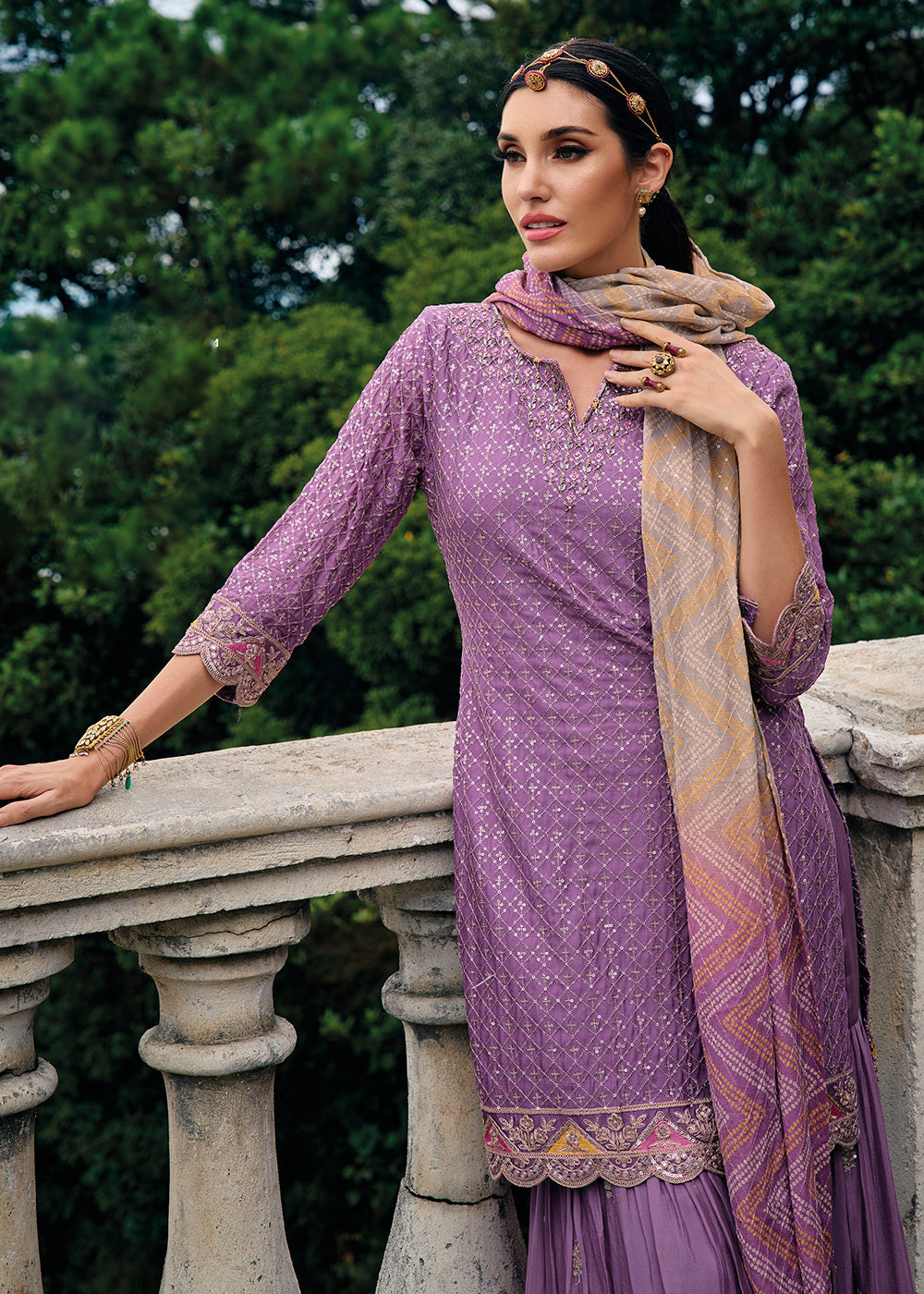 Buy Now Majestic Purple Heavy Chinnon Khatli Embroidered Palazzo Suit Online in USA, UK, Canada, Germany, Australia & Worldwide at Empress Clothing. 
