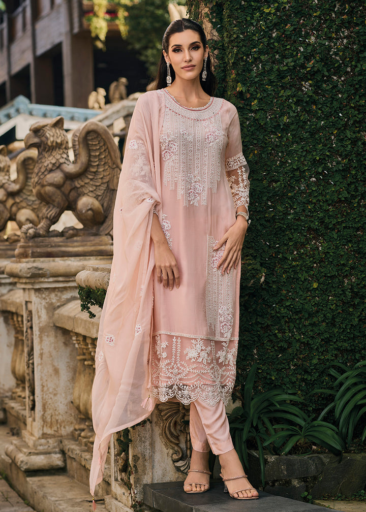 Buy Now Peach Soft Organza Embroidered Designer Salwar Suit Online in USA, UK, Canada, Germany, Australia & Worldwide at Empress Clothing.