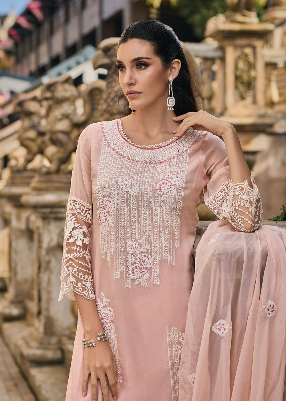 Buy Now Peach Soft Organza Embroidered Designer Salwar Suit Online in USA, UK, Canada, Germany, Australia & Worldwide at Empress Clothing.