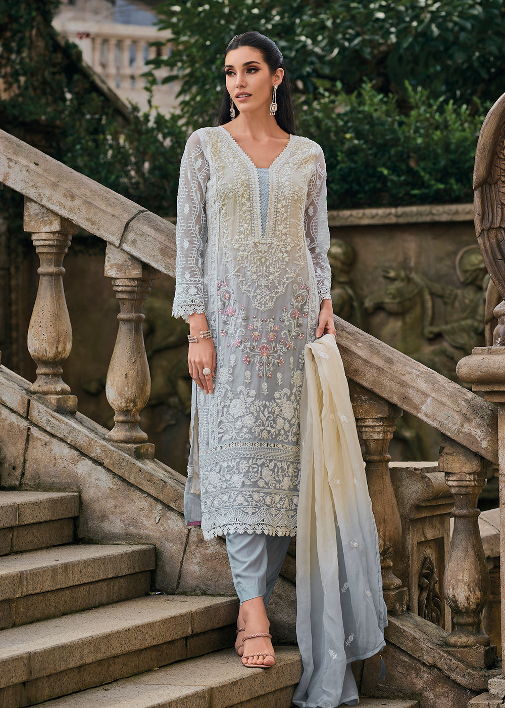 Buy Now Grey Soft Organza Embroidered Designer Salwar Suit Online in USA, UK, Canada, Germany, Australia & Worldwide at Empress Clothing. 