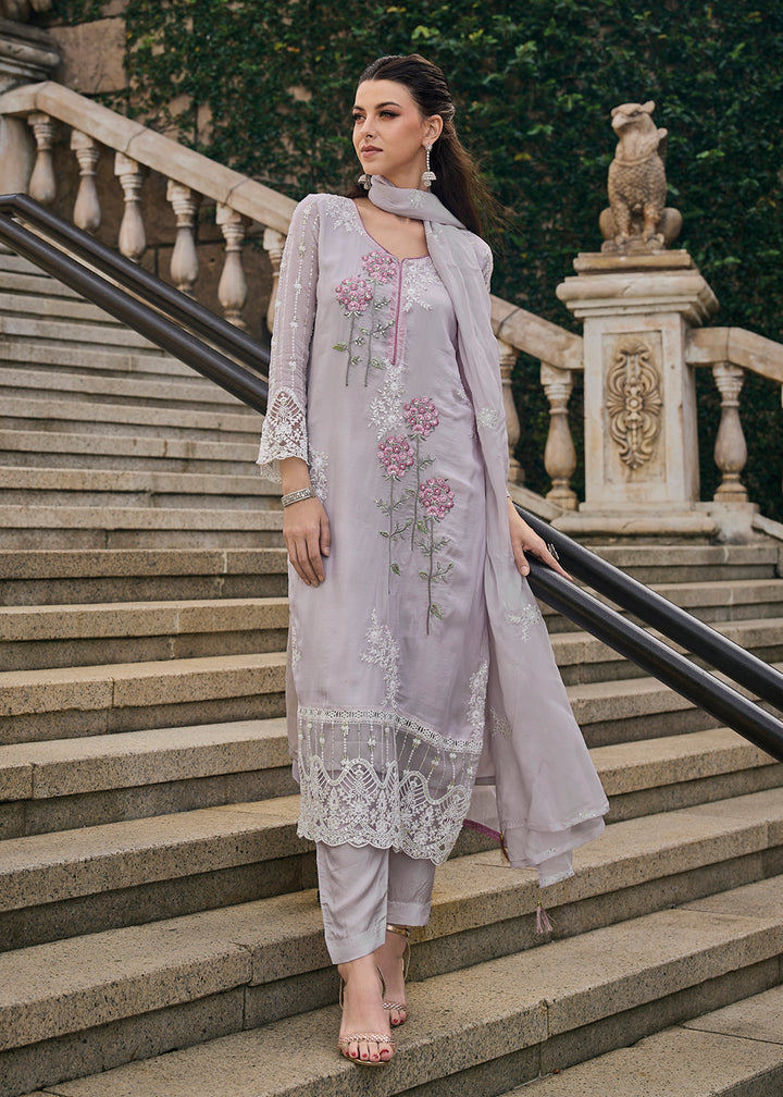 Buy Now Lavender Soft Organza Embroidered Designer Salwar Suit Online in USA, UK, Canada, Germany, Australia & Worldwide at Empress Clothing. 