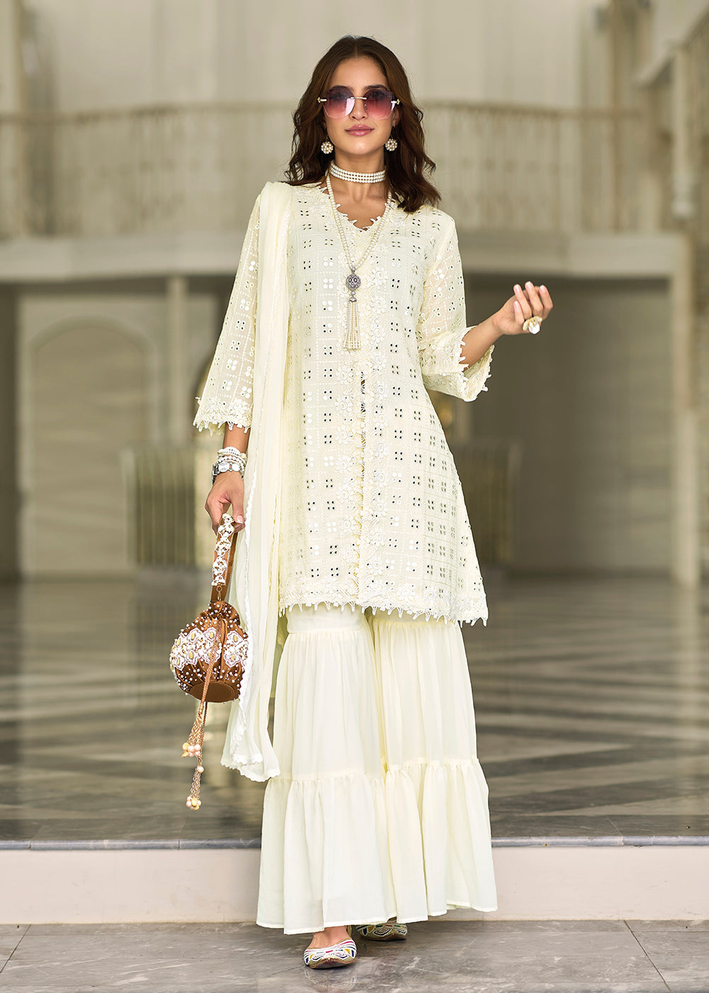 Shop Now Pleasing White Fancy Embroidered Festive Gharara Suit Online at Empress Clothing in USA, UK, Canada, Italy & Worldwide. 