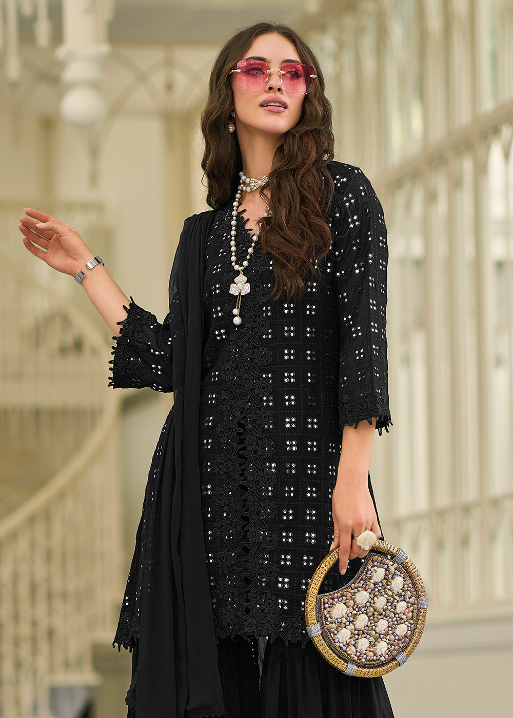 Shop Now Pleasing Black Fancy Embroidered Festive Gharara Suit Online at Empress Clothing in USA, UK, Canada, Italy & Worldwide. 