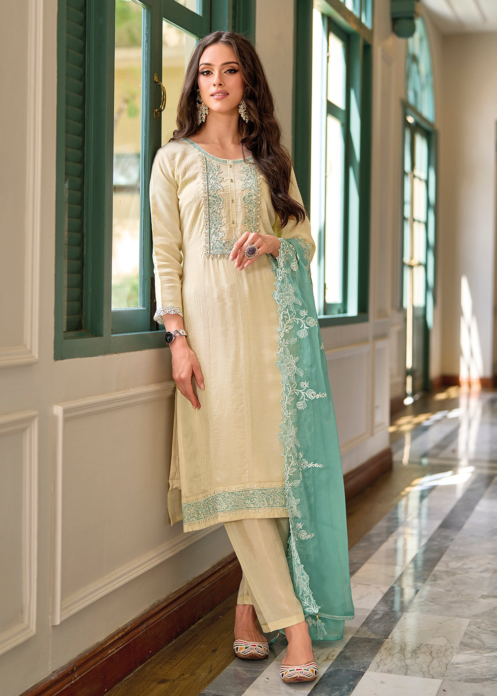 Buy Now Festive Organza Cream Embroidered Salwar Kameez Online in USA, UK, Canada, Germany, Australia & Worldwide at Empress Clothing.
