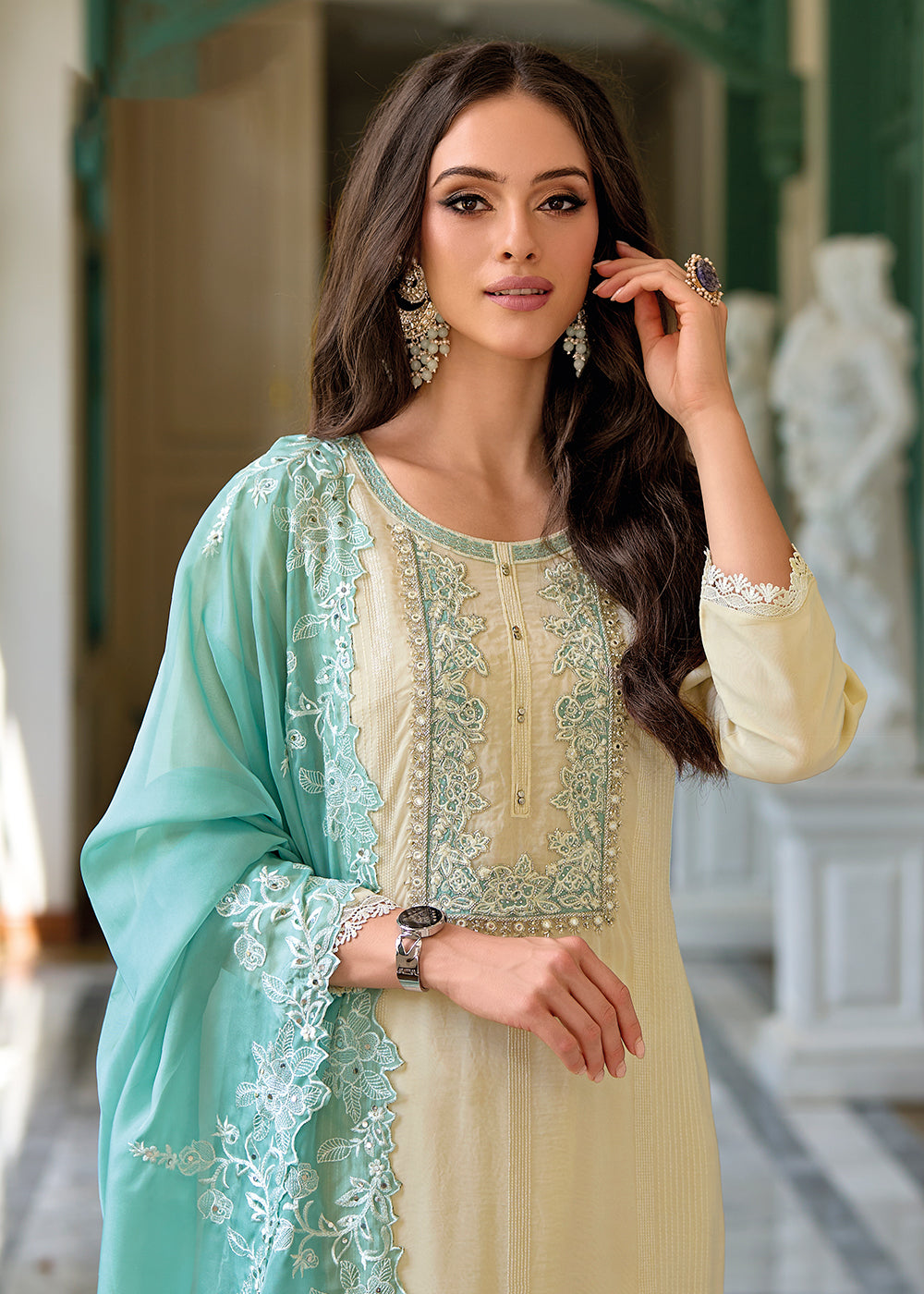 Buy Now Festive Organza Cream Embroidered Salwar Kameez Online in USA, UK, Canada, Germany, Australia & Worldwide at Empress Clothing.