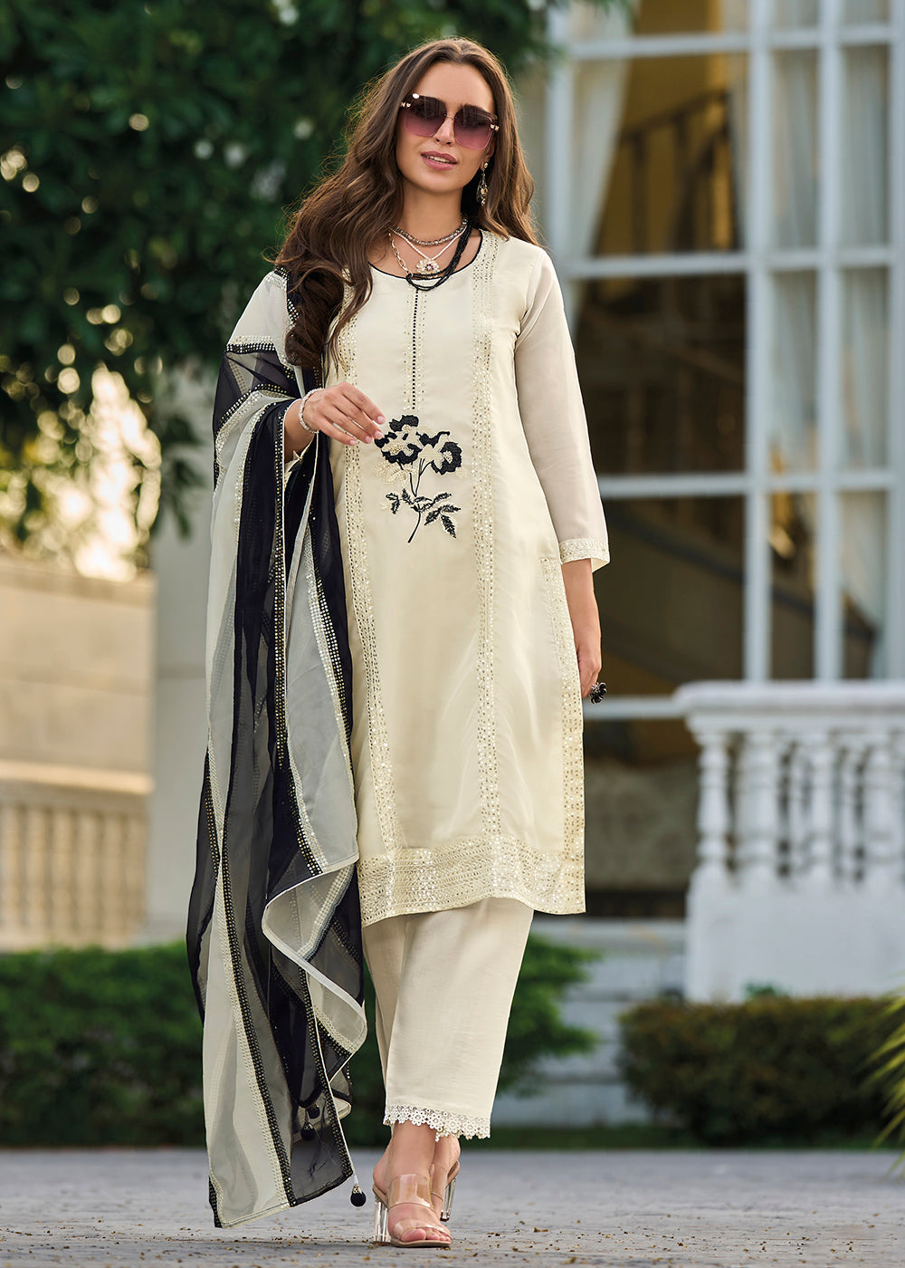 Buy Now Eid Style Off White Organza Pant Style Salwar Suit Online in USA, UK, Canada, Germany, Australia & Worldwide at Empress Clothing. 