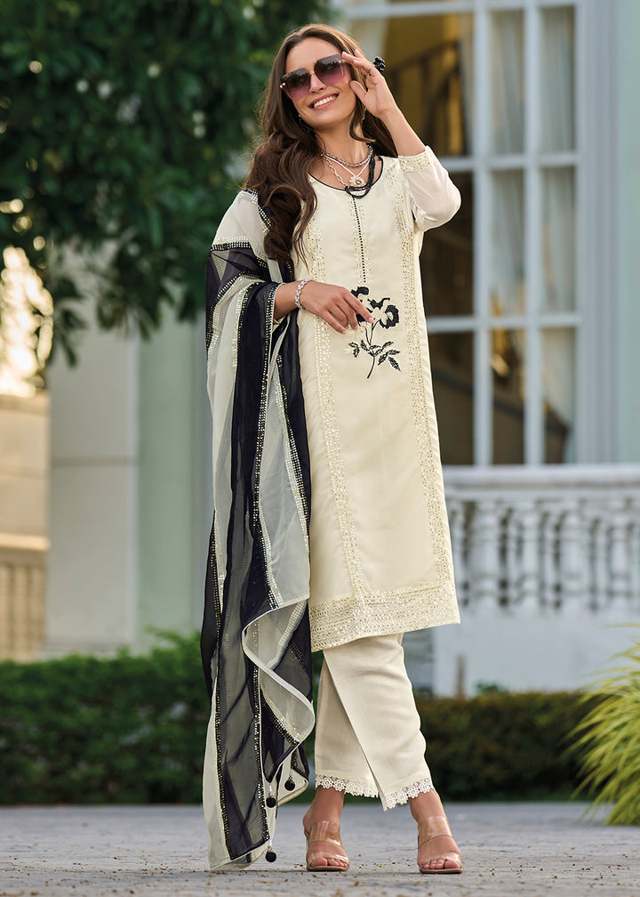 Buy Now Eid Style Off White Organza Pant Style Salwar Suit Online in USA, UK, Canada, Germany, Australia & Worldwide at Empress Clothing. 