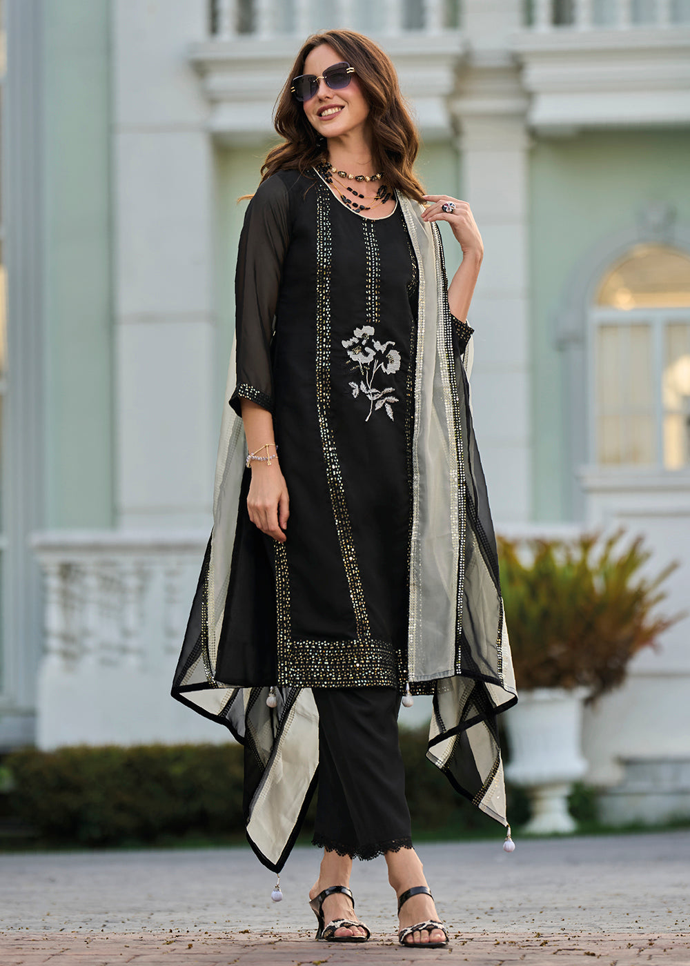 Buy Now Eid Style Black Organza Pant Style Salwar Suit Online in USA, UK, Canada, Germany, Australia & Worldwide at Empress Clothing.