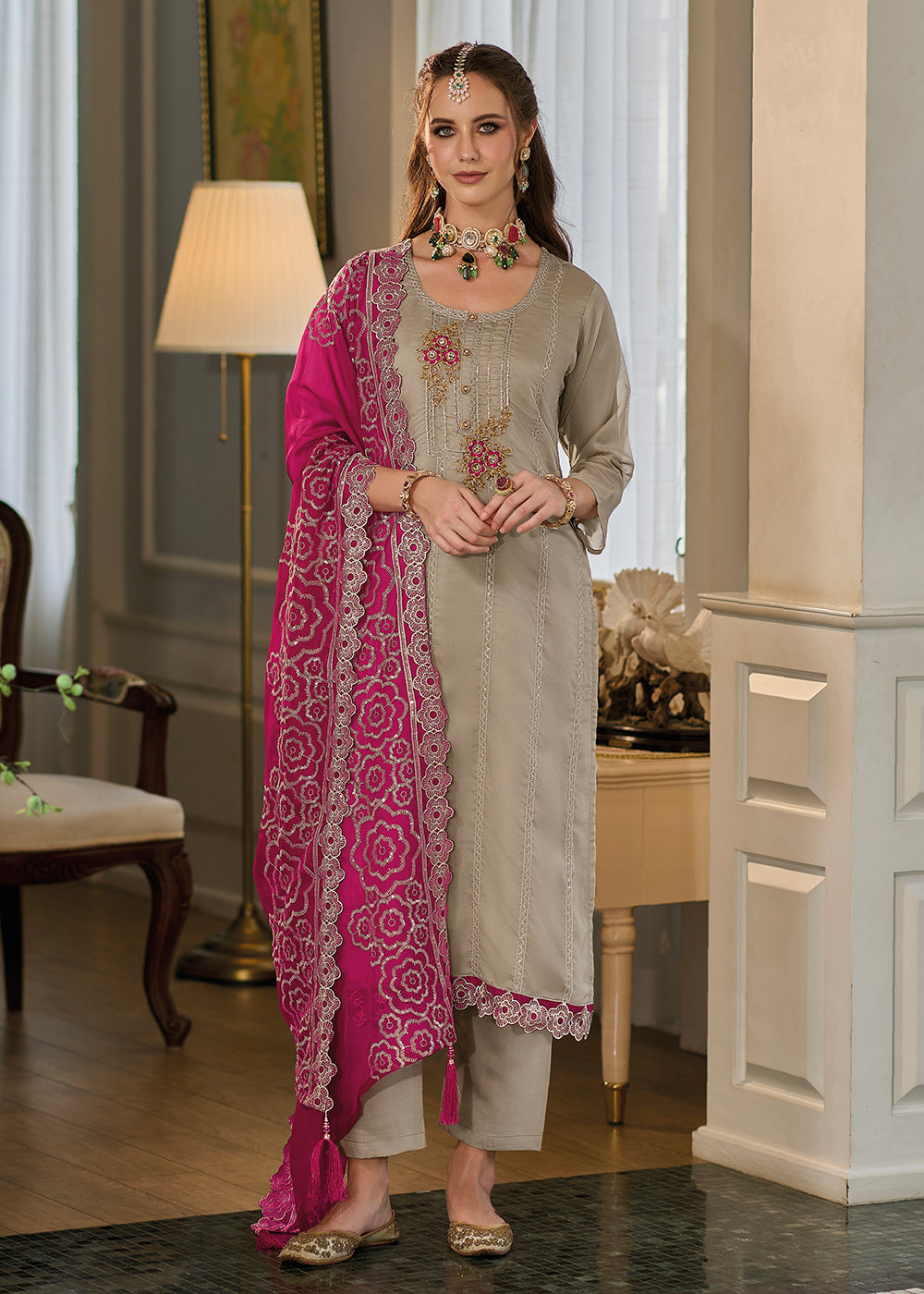 Buy Now Exquisite Beige Soft Organza Embroidered Eid Wear Salwar Suit Online in USA, UK, Canada, Germany, Australia & Worldwide at Empress Clothing. 