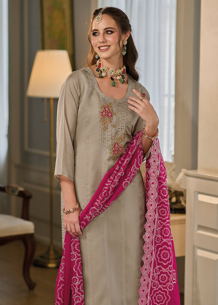 Buy Now Exquisite Beige Soft Organza Embroidered Eid Wear Salwar Suit Online in USA, UK, Canada, Germany, Australia & Worldwide at Empress Clothing. 