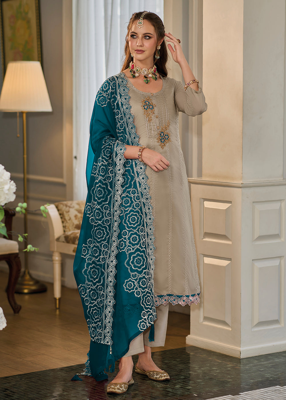 Buy Now Attractive Beige Soft Organza Embroidered Eid Wear Salwar Suit Online in USA, UK, Canada, Germany, Australia & Worldwide at Empress Clothing.