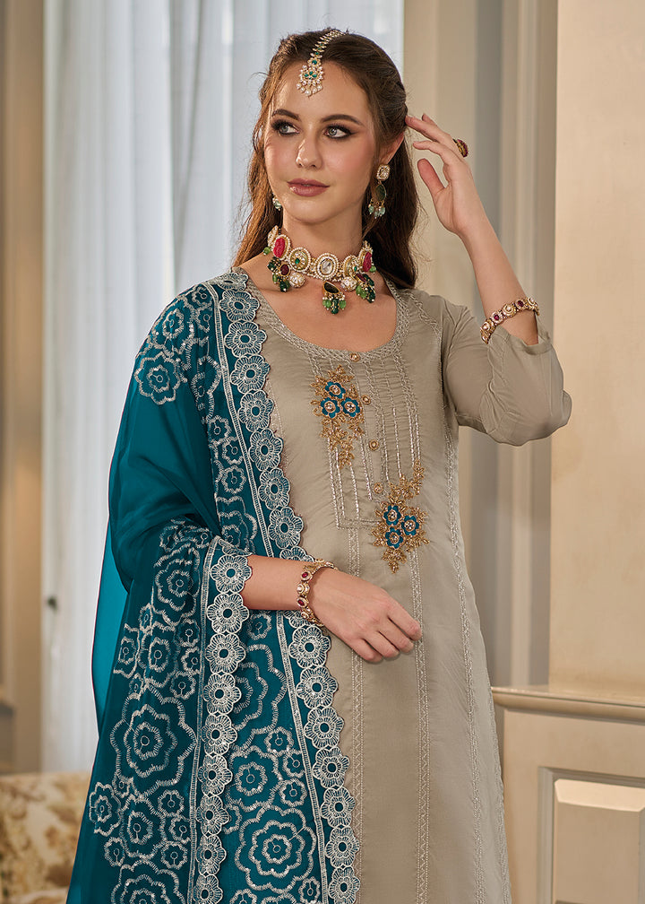 Buy Now Attractive Beige Soft Organza Embroidered Eid Wear Salwar Suit Online in USA, UK, Canada, Germany, Australia & Worldwide at Empress Clothing.