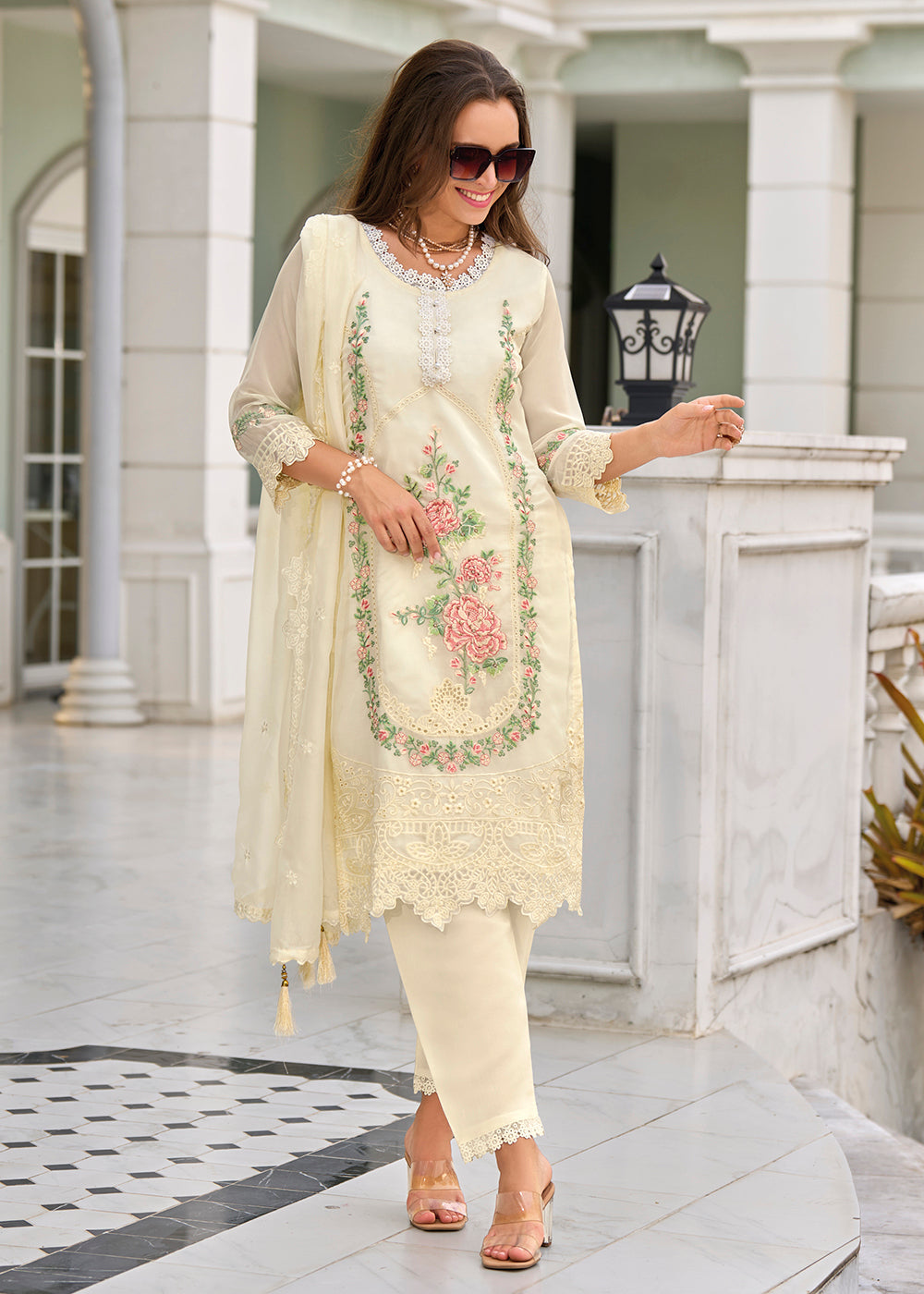 Buy Now Pant Style Off White Organza Eid Style Salwar Suit Online in USA, UK, Canada, Germany, Australia & Worldwide at Empress Clothing. 