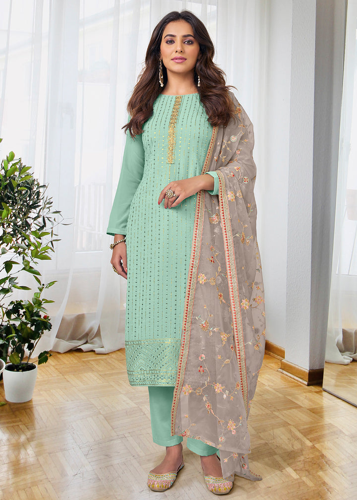 Buy Now Pretty Mint Green Beautifully Embroidered Trendy Salwar Kameez Online in USA, UK, Canada, Germany, Australia & Worldwide at Empress Clothing.