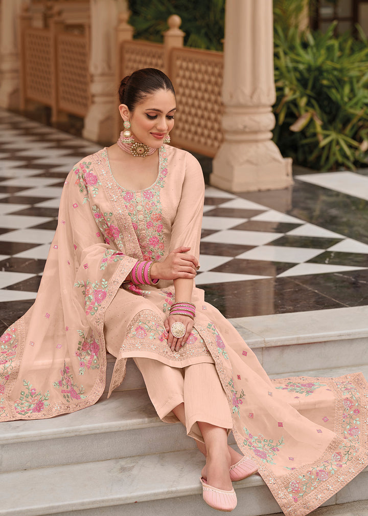 Buy Now Peach Maheshwari Silk Embroidered Festive Salwar Suit Online in USA, UK, Canada, Germany, Australia & Worldwide at Empress Clothing. 