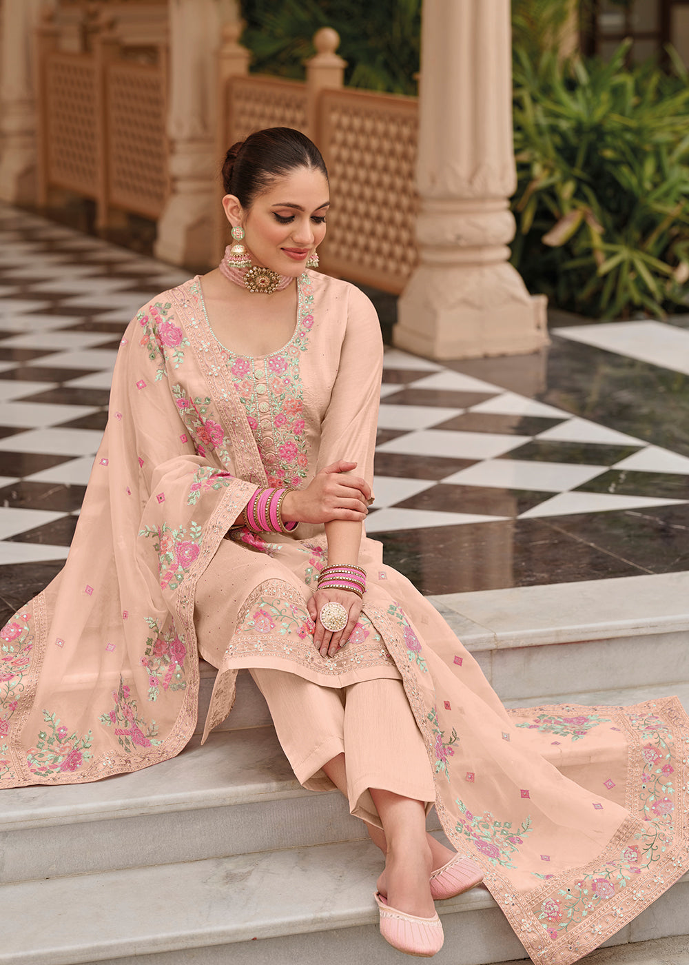 Embroidered Net Pakistani Suit in Peach : KUF14951