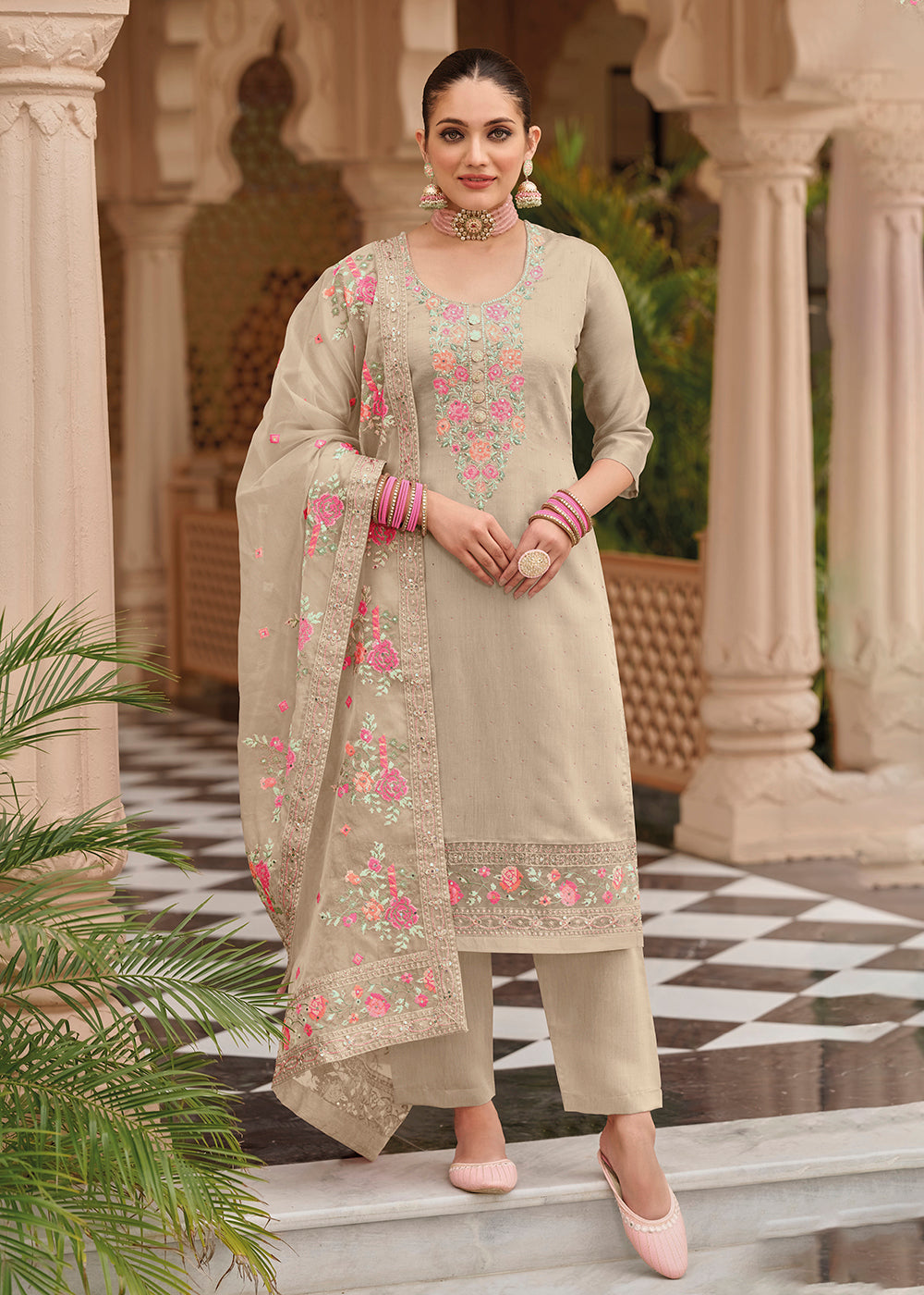 Buy Now Beige Maheshwari Silk Embroidered Festive Salwar Suit Online in USA, UK, Canada, Germany, Australia & Worldwide at Empress Clothing.