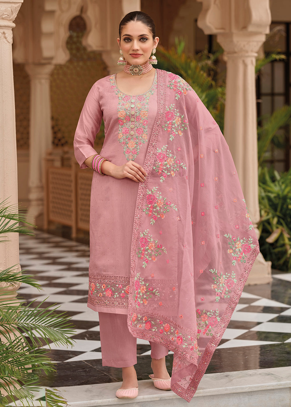 Buy Now Pink Maheshwari Silk Embroidered Festive Salwar Suit Online in USA, UK, Canada, Germany, Australia & Worldwide at Empress Clothing.