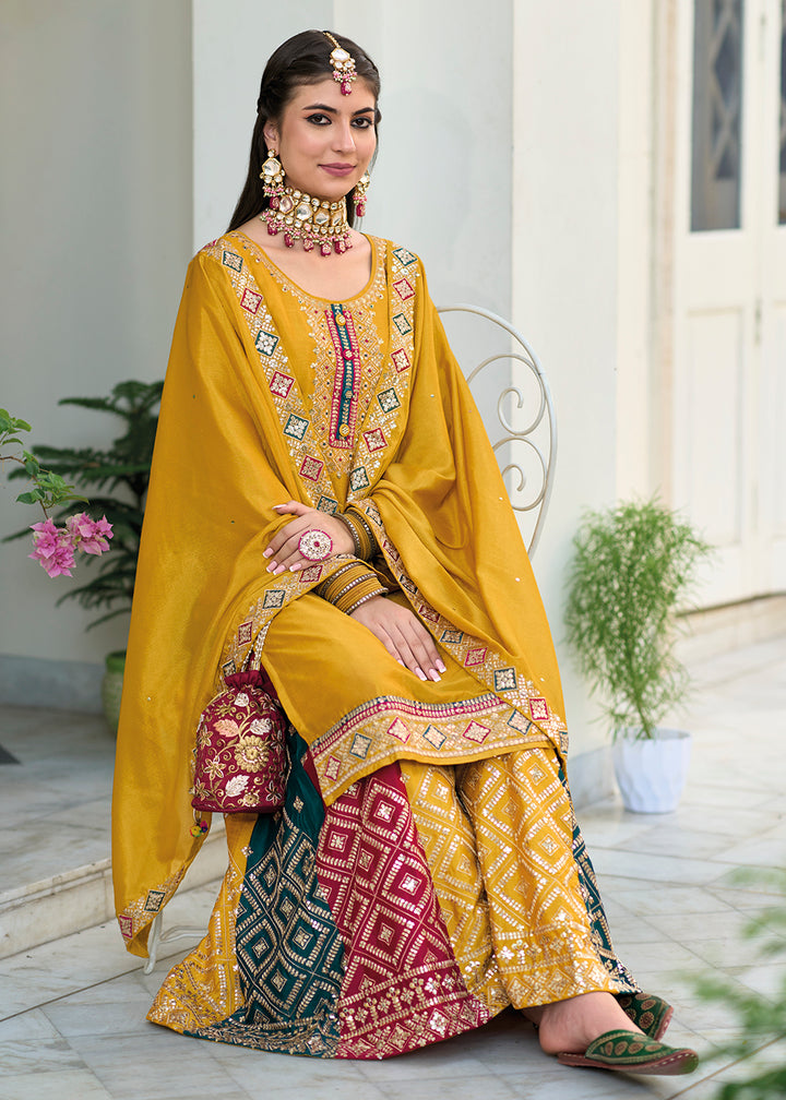 Buy Now Blooming Chinon Yellow Embroidered Wedding Wear Palazzo Suit Online in USA, UK, Canada, Germany, Australia & Worldwide at Empress Clothing.